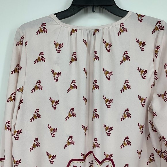 Bobeau Top Floral Print Peasant Pink Tie V Neck Long Sleeve Boho - Picture 11 of 12